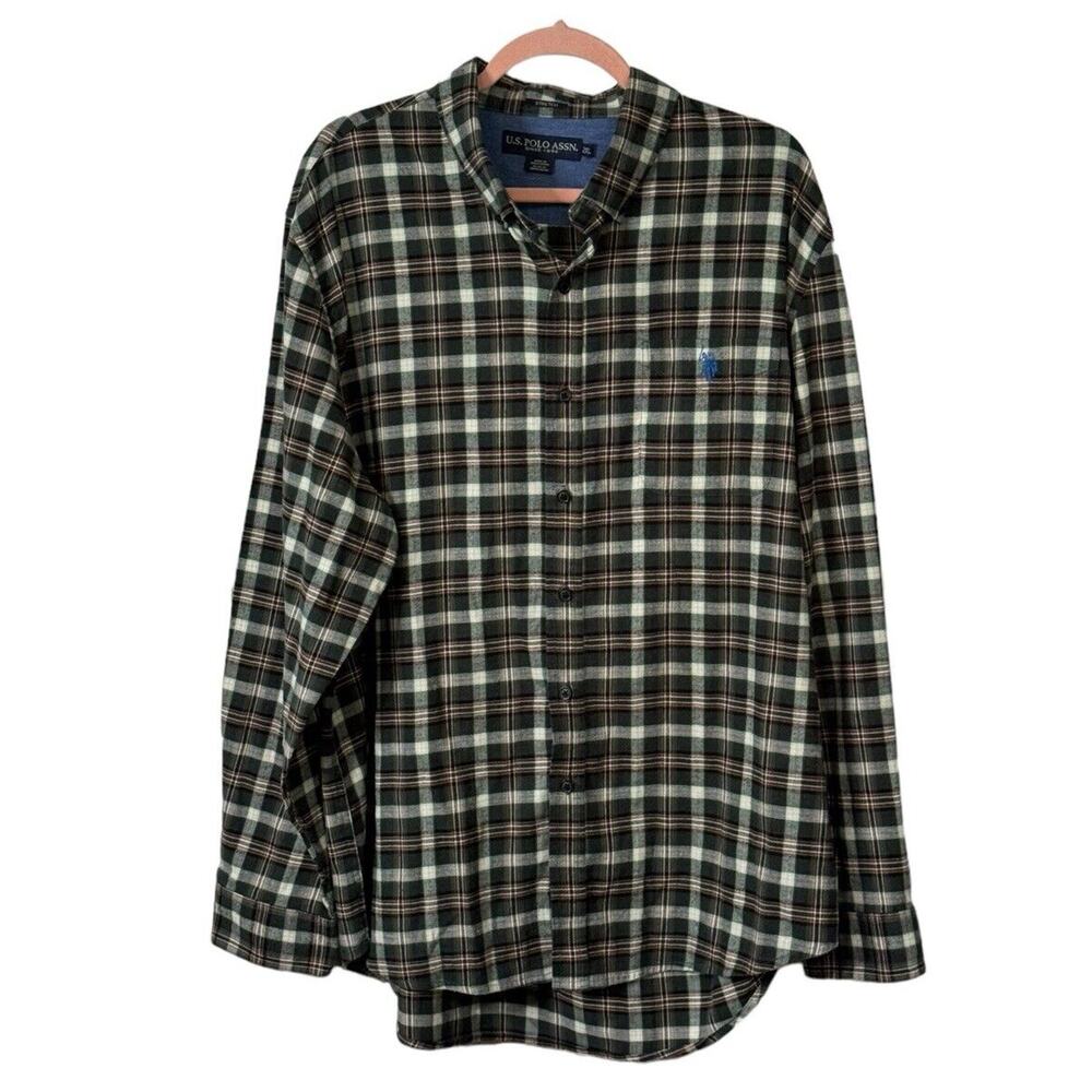 U.S. Polo Association XXL Mens Shirt Stretch Cotton‎ Green Plaid Button Down 2XL